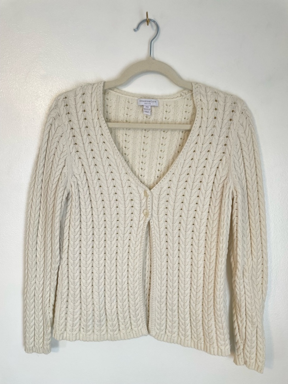 CHARTER CLUB cream cable knit cardigan size small petite 100% cotton
